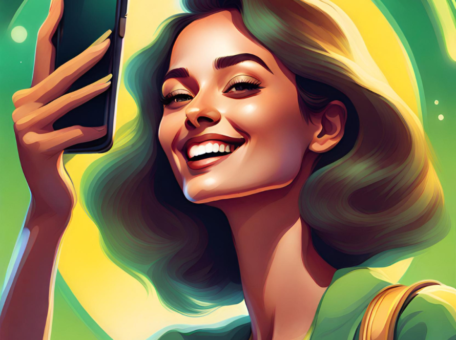 Frau mit braunen Haaren macht ein Selfie - Stil: Comic-Art